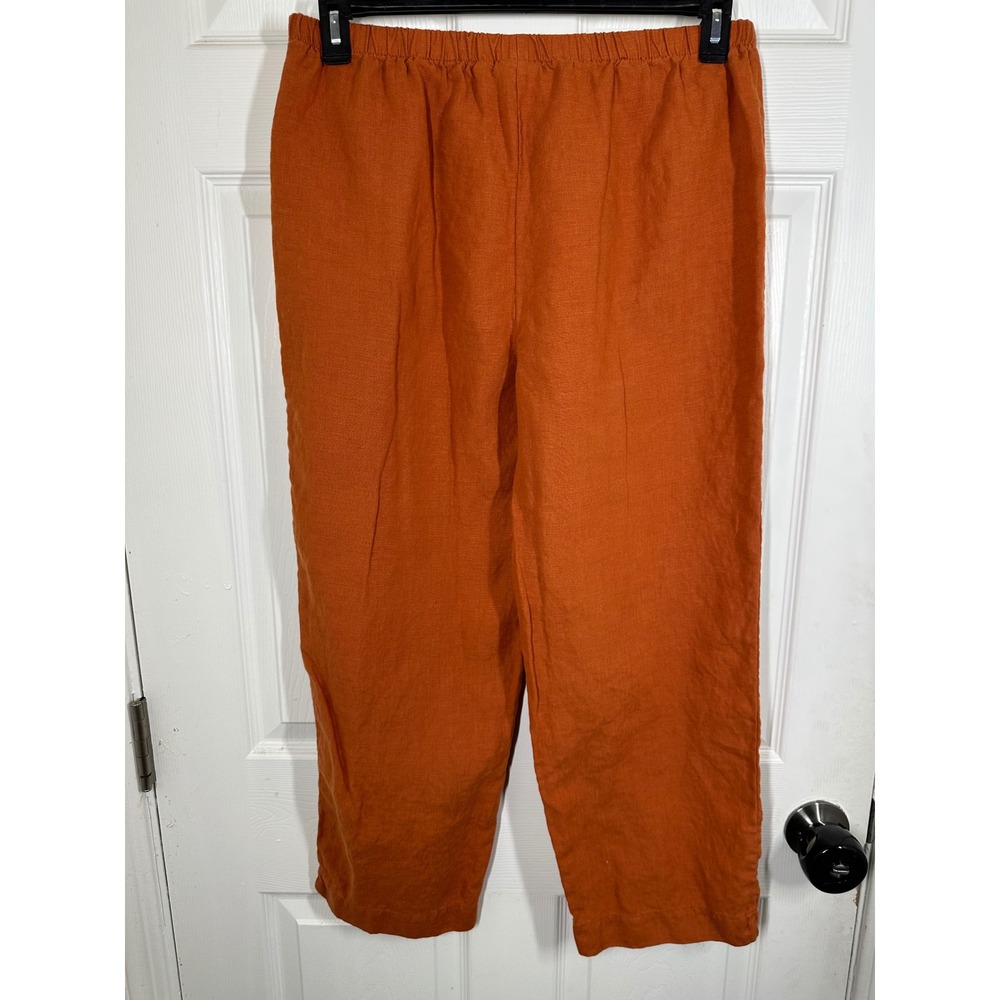 Hot Cotton Pants Womens L Orange Linen Petite Straight Leg Elastic Waist Casual